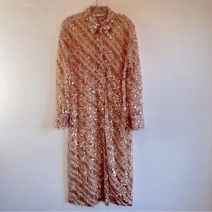 Zara sequin sheer button down peach champagne long sleeve blouse Large